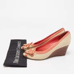 Pre Owned Tory Burch Coral Orange/Beige Leather and Canvas Amanda Peep Toe Wedge Pumps Size 37.5