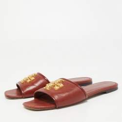 Pre Owned Tory Burch Brown Leather Eleanor Flat Slides Size 38.5