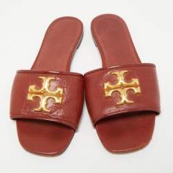 Pre Owned Tory Burch Brown Leather Eleanor Flat Slides Size 38.5