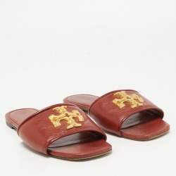 Pre Owned Tory Burch Brown Leather Eleanor Flat Slides Size 38.5