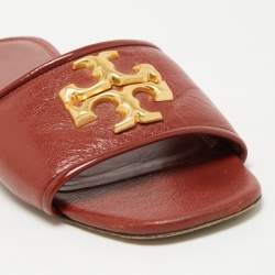 Pre Owned Tory Burch Brown Leather Eleanor Flat Slides Size 38.5