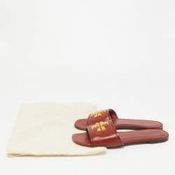 Pre Owned Tory Burch Brown Leather Eleanor Flat Slides Size 38.5