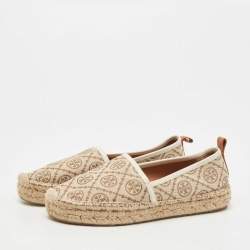 Pre Owned Tory Burch Brown/Beige T Monogram Canvas And Leather Espadrille Loafers Size 38.5