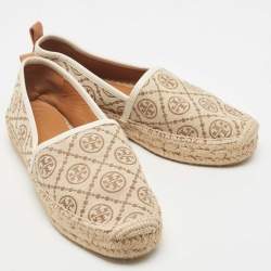 Pre Owned Tory Burch Brown/Beige T Monogram Canvas And Leather Espadrille Loafers Size 38.5