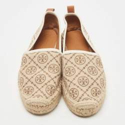 Pre Owned Tory Burch Brown/Beige T Monogram Canvas And Leather Espadrille Loafers Size 38.5