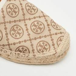 Pre Owned Tory Burch Brown/Beige T Monogram Canvas And Leather Espadrille Loafers Size 38.5