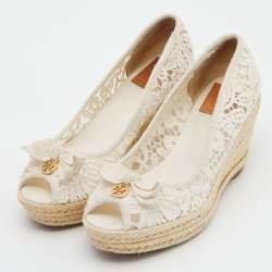 Pre Owned Tory Burch White Lace Jackie Peep Toe Espadrilles Wedge Sandal Size 39