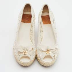 Pre Owned Tory Burch White Lace Jackie Peep Toe Espadrilles Wedge Sandal Size 39