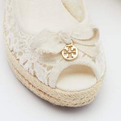 Pre Owned Tory Burch White Lace Jackie Peep Toe Espadrilles Wedge Sandal Size 39