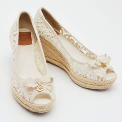 Pre Owned Tory Burch White Lace Jackie Peep Toe Espadrilles Wedge Sandal Size 39