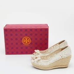 Pre Owned Tory Burch White Lace Jackie Peep Toe Espadrilles Wedge Sandal Size 39