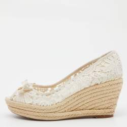 Pre Owned Tory Burch White Lace Jackie Peep Toe Espadrilles Wedge Sandal Size 39