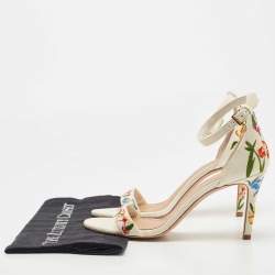 Pre Owned Tory Burch Off-White Embroidered Canvas Ankle Strap Sandals Size 39