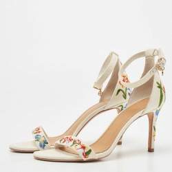 Pre Owned Tory Burch Off-White Embroidered Canvas Ankle Strap Sandals Size 39