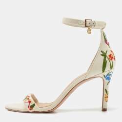 Pre Owned Tory Burch Off-White Embroidered Canvas Ankle Strap Sandals Size 39