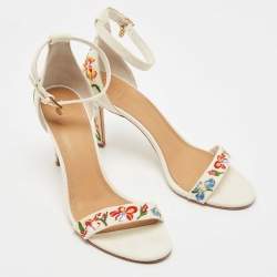 Pre Owned Tory Burch Off-White Embroidered Canvas Ankle Strap Sandals Size 39