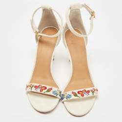 Pre Owned Tory Burch Off-White Embroidered Canvas Ankle Strap Sandals Size 39