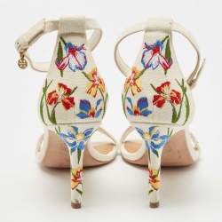 Pre Owned Tory Burch Off-White Embroidered Canvas Ankle Strap Sandals Size 39