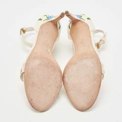 Pre Owned Tory Burch Off-White Embroidered Canvas Ankle Strap Sandals Size 39