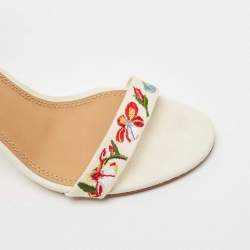 Pre Owned Tory Burch Off-White Embroidered Canvas Ankle Strap Sandals Size 39