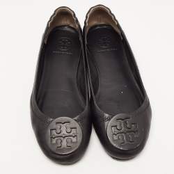 Pre Owned Tory Burch Black Leather Minnie Ballet Flats Size 36