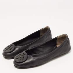 Pre Owned Tory Burch Black Leather Minnie Ballet Flats Size 36