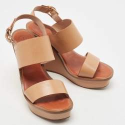 Pre Owned Tory Burch Beige Leather Lexington Wedge Sandals Size 39.5