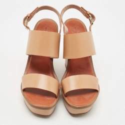Pre Owned Tory Burch Beige Leather Lexington Wedge Sandals Size 39.5