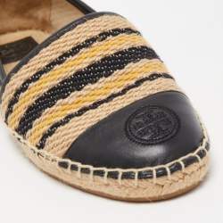Pre Owned Tory Burch Black/Beige Leather and Jute Espadrille Flats Size 39.5