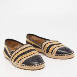 Pre Owned Tory Burch Black/Beige Leather and Jute Espadrille Flats Size 39.5