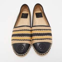 Pre Owned Tory Burch Black/Beige Leather and Jute Espadrille Flats Size 39.5