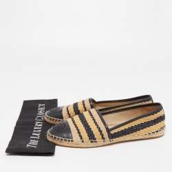 Pre Owned Tory Burch Black/Beige Leather and Jute Espadrille Flats Size 39.5