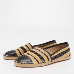 Pre Owned Tory Burch Black/Beige Leather and Jute Espadrille Flats Size 39.5