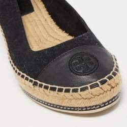Pre Owned Tory Burch Black Canvas and Leather Wedge Espadrille Flats Size 39.5