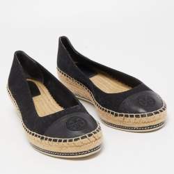 Pre Owned Tory Burch Black Canvas and Leather Wedge Espadrille Flats Size 39.5