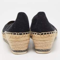 Pre Owned Tory Burch Black Canvas and Leather Wedge Espadrille Flats Size 39.5