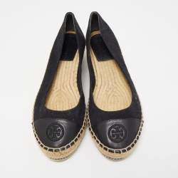 Pre Owned Tory Burch Black Canvas and Leather Wedge Espadrille Flats Size 39.5
