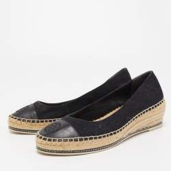 Pre Owned Tory Burch Black Canvas and Leather Wedge Espadrille Flats Size 39.5