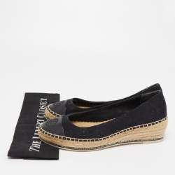 Pre Owned Tory Burch Black Canvas and Leather Wedge Espadrille Flats Size 39.5