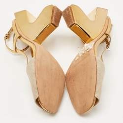 Pre Owned Tory Burch Gold/Beige Leather and Canvas Curio Sandals Size 39.5