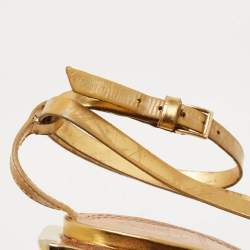 Pre Owned Tory Burch Gold/Beige Leather and Canvas Curio Sandals Size 39.5