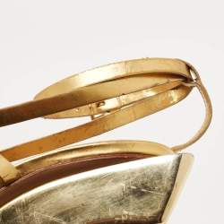 Pre Owned Tory Burch Gold/Beige Leather and Canvas Curio Sandals Size 39.5