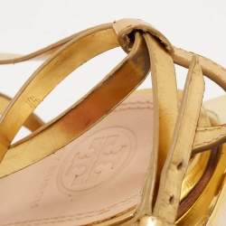 Pre Owned Tory Burch Gold/Beige Leather and Canvas Curio Sandals Size 39.5
