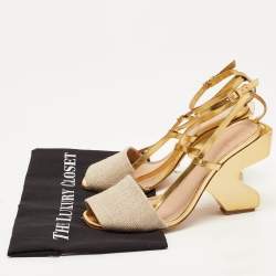 Pre Owned Tory Burch Gold/Beige Leather and Canvas Curio Sandals Size 39.5