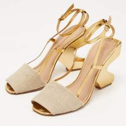Pre Owned Tory Burch Gold/Beige Leather and Canvas Curio Sandals Size 39.5