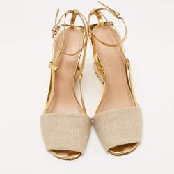 Pre Owned Tory Burch Gold/Beige Leather and Canvas Curio Sandals Size 39.5