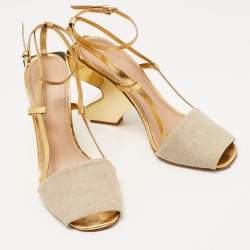 Pre Owned Tory Burch Gold/Beige Leather and Canvas Curio Sandals Size 39.5