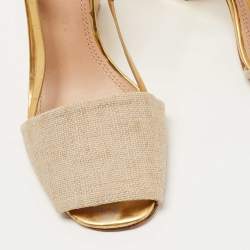 Pre Owned Tory Burch Gold/Beige Leather and Canvas Curio Sandals Size 39.5
