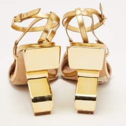 Pre Owned Tory Burch Gold/Beige Leather and Canvas Curio Sandals Size 39.5