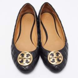 Pre Owned Tory Burch Black Quilted Leather Benton Ballet Flats Size 38.5